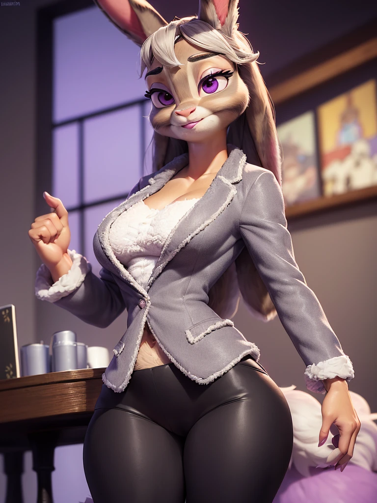 best quality,
masterpiece,
super detail,
3D,
Portrait,
fun atmosphere,
(((solo))),
(((1 lady))),
furry,
anthropomorphic female
fine coat,

bloom office, 

(Face is JudyHopps:1.4),
(straight hair:1.3),
(see-through bangs:1.3),
wispy bangs,
bright purple eyes,
(arched eyebrows:1.3),
(uplift eyebrows:1.1),
(rabbit ears:1.1),

Body is NamiFinal, 
Body covered with rabbit fur,
(body is gray with fluffy and fluffy:1.3),
(skin is wool fabric with fluffy and fluffy:1.3),

office lady is wearing suit,
((White blouse)),
((Black blazer jacket)),
((Black pants)),
clothes made of cotton,
