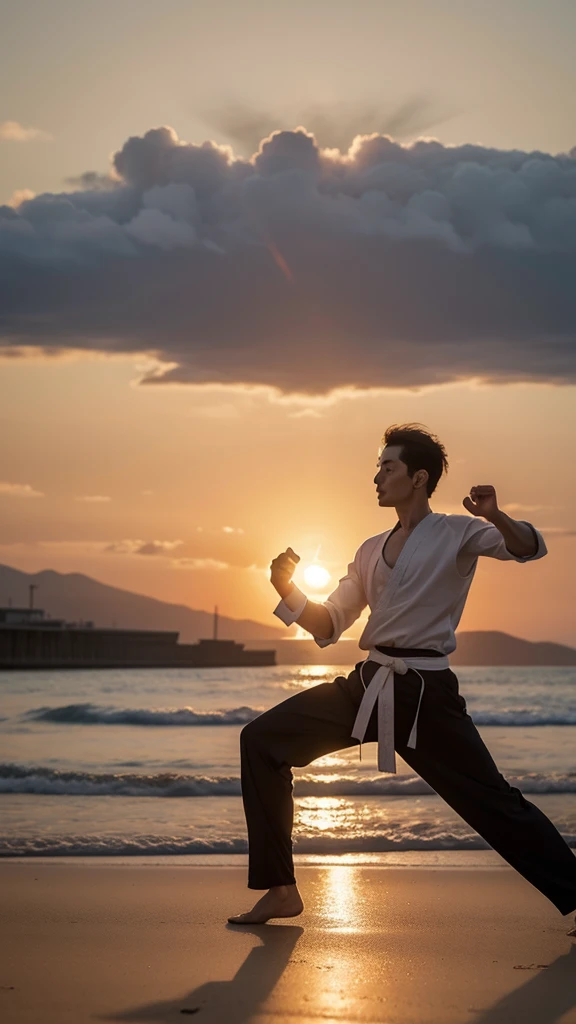 highres, Realstick, ugman, 1 oldman, Children practicing kung fu with the sunrise in the background, upper body shot