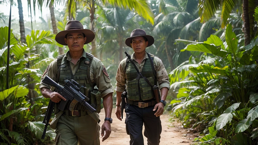 Southeast Asian mercenaries march through the jungle, 32K, Best quality, Masterpiece, super detail, High Details, cowboy shot