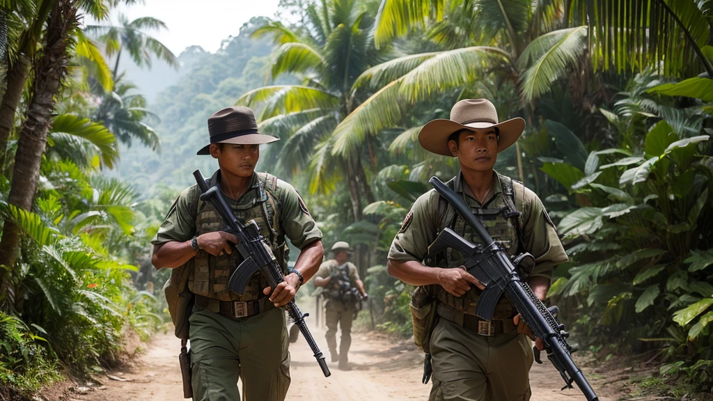Southeast Asian mercenaries march through the jungle, 32K, Best quality, Masterpiece, super detail, High Details, cowboy shot