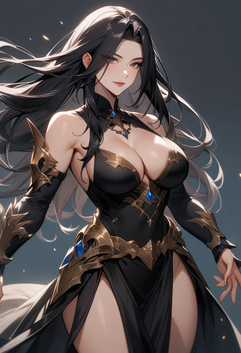 Mature women,Black long hair,Fantasy style,Showing cleavage,Sexy,Beautiful black eyes,Extremely detailed,high resolution,Simple background