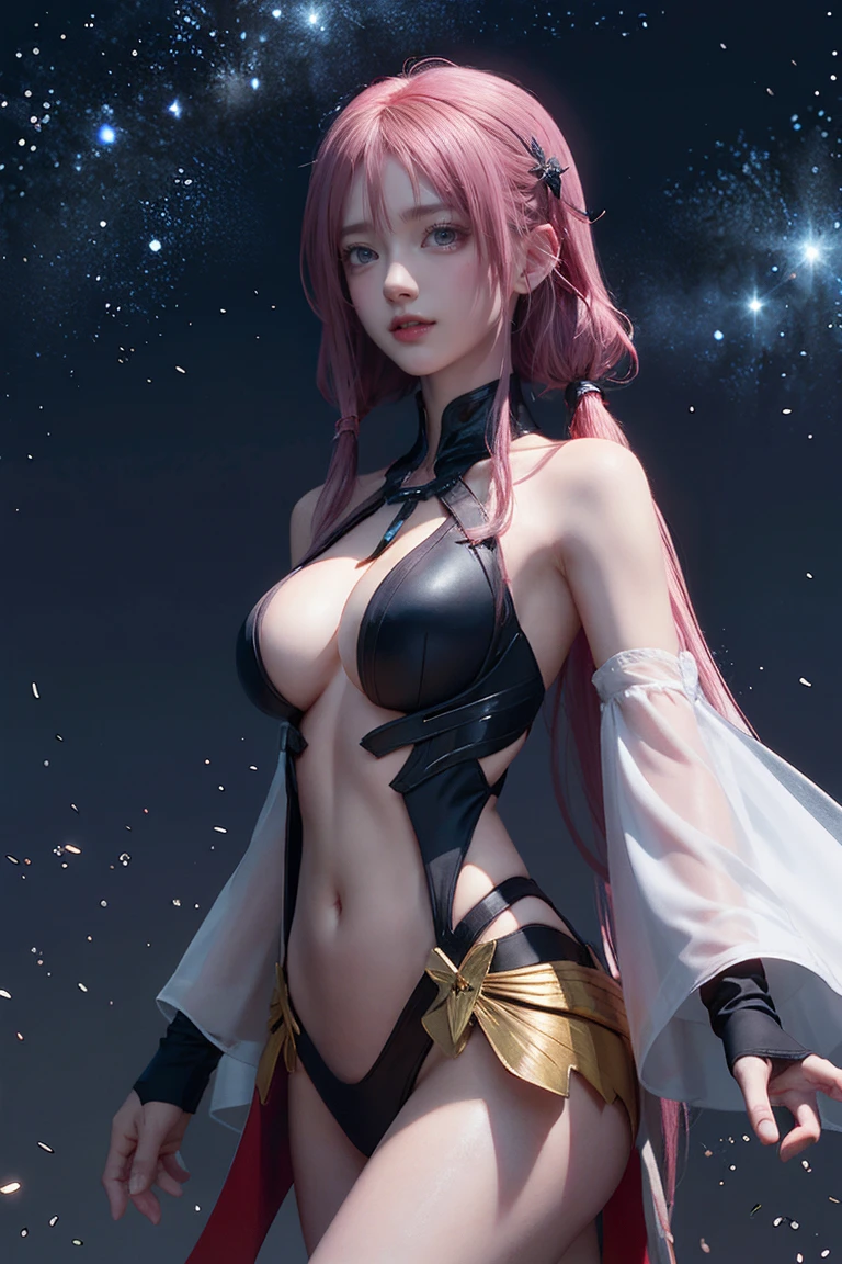 (((Browsing Caution:0.8)))，,((Highest quality)), ((Masseter region)), (超detailedな:1.4),(32,000 Images),(ultra high detailed)Sharpness,Best Wallpaper,Awesome portrayal,Golden Ratio, Wind Manipulation:1.5,Light manipulation,(Perfect anatomy without any destruction),(緻密でdetailedな美right瞳,Shining Eyes),(Shiny Hair:1.1,),(緻密で緻密な美right顔緻密で緻密な美right肌),(Expressionless:1.2),the body is slim,Slim Belly, Pink Hair, Twin tails、(Large Breasts),Narrow waist,belly button,The detailed, detailed, The shining white costume is God々Shii.々right,緻密でdetailedな美right装飾,gem),full moon:1.1, Deep Background:1.3,hair ornaments,Starry Sky