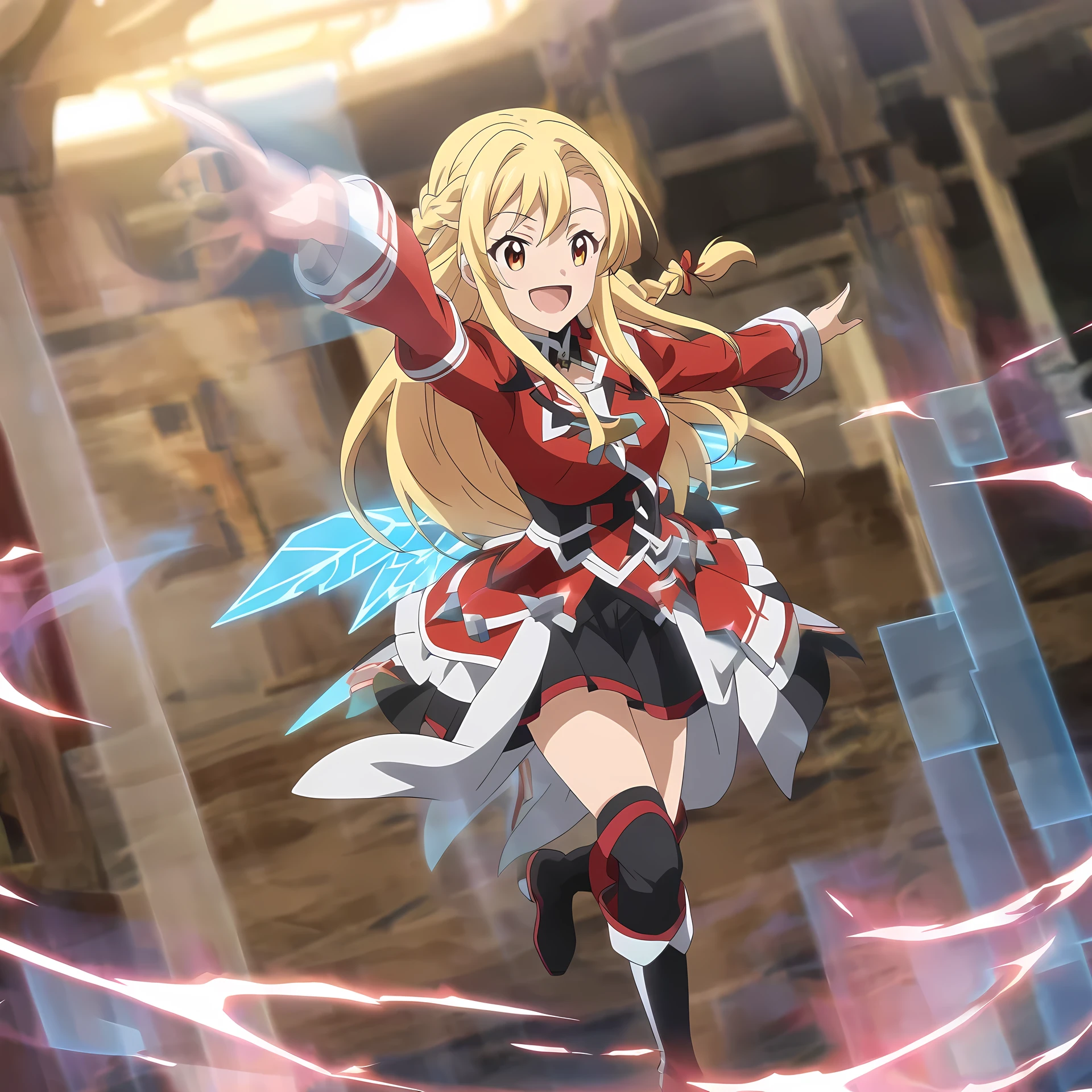 Red outfit, white and Black Outfit, Black And Red Skirt, Black long Boots, Yellow Hair, Long Hair, Orange eyes, Smile, braid hair style,hologram wing, effect, Anime Style, Konosuba Style