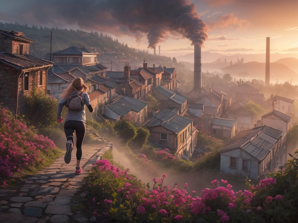 Woman running up a steep hill in a misty rural town at sunrise、Distant and Near Views、Smoke coming from the chimneys of an old rusty factory near the bay and port、Cinematic lighting、Dramatic atmosphere、8K、high quality、Photorealistic、Detailed landscape、Moody colors、Volumetric lighting、Hazy environment、