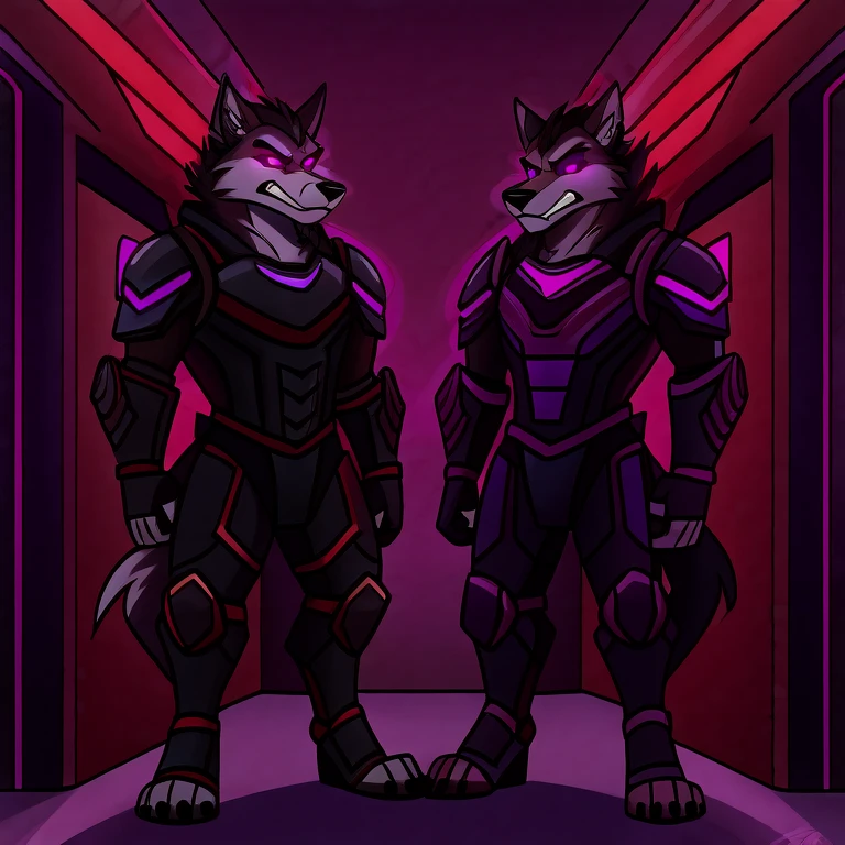 (masterpiece, best quality:1.2), Vortex hellhounds, a couple of male bodyguards, wolves, furry, helluva boss, hypnotized with glowing purple eyes, angry serious face, wearing futuristic armor, using a Pulse Rifle, Energy Rifle, Futuristic assault rifle, guarding the door of a luxury room background