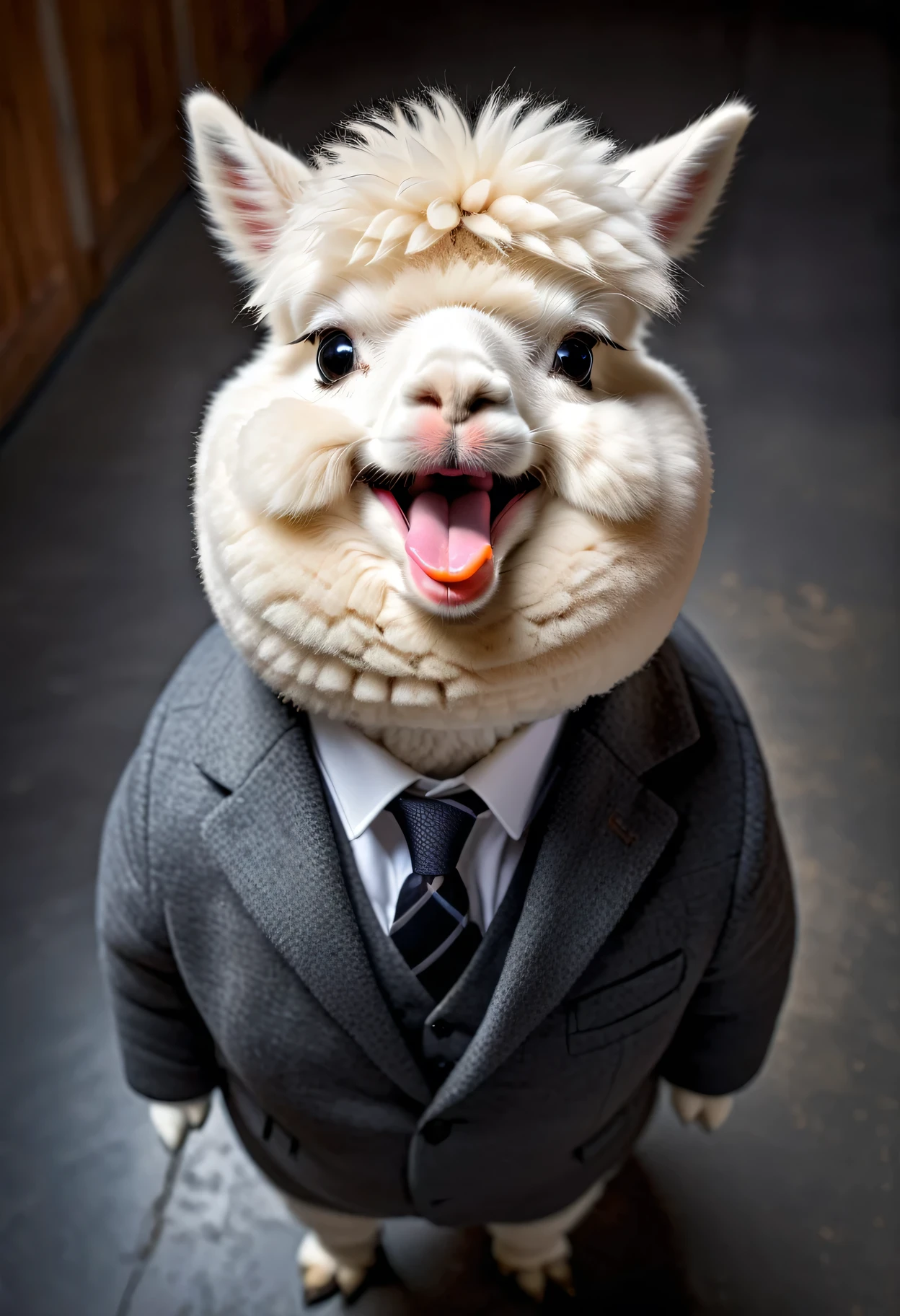 face close up photo of anthropomorphic fat cute white alpaca,(furry), dressed in a dark gray suit, (sticking out tongue:1.5),(happy smile:1.5),(Innocent), roomlighting, Cinematic, hdr, primitive, Intricate, High quality, smoothing tones, Intricate details, Low contrast,(viewed from above:2.0), (looking up viewer:2.0), simple background