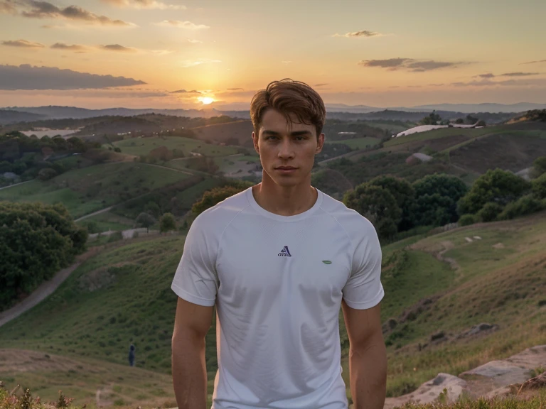 ("A photorealistic image of a young handsome men person with normal clothes white shirt standing on a hilltop, gazing out at a sunrise. The person is wearing athletic clothing and has a look of determination and hope on their face. The sun is rising over a lush green landscape, symbolizing new beginnings.")