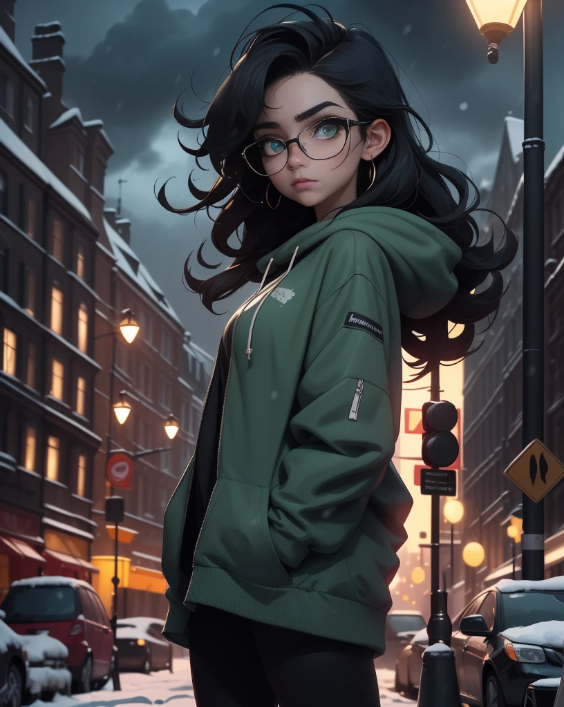 Best quality, volumetric lighting, cinematic lighting, masterpiece, ultra high res, 4k, (soft round detailed face), (sad expression), (detailed green eyes), bags under eyes, thick eyebrows, depressed, melancholy, (wearing rounded glasses), (very pale light skin), detailed black hair, ((long messy greasy hair)), (plain black hoodie), black stud earrings, black nail varnish, unwashed, unkempt, disheveled, sodium streetlamps, midnight, dark clouds, London, snow