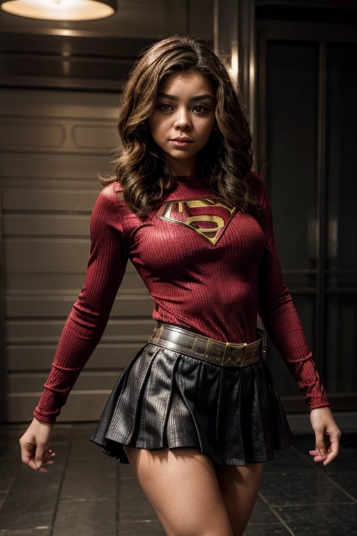 Sarah Hyland, wearing an adult-sized superhero outfit with a skirt that shows off her entire body. She should be portrayed happily.