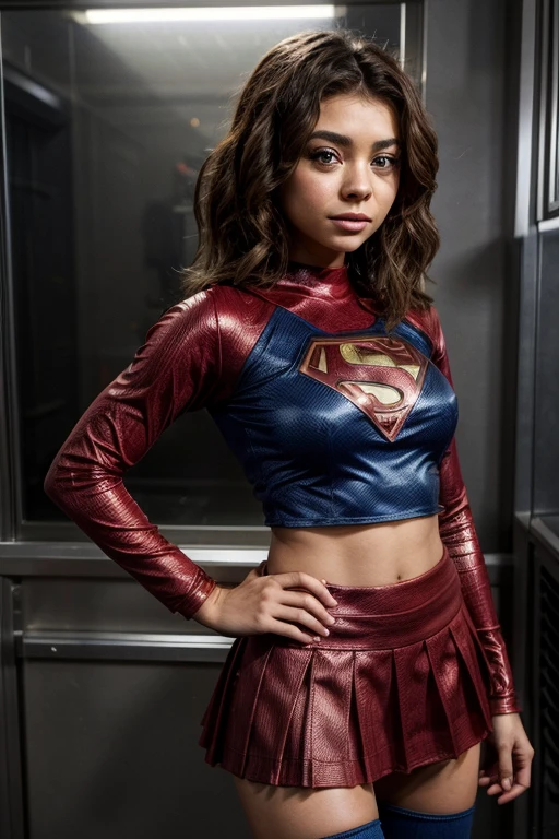 Sarah Hyland, wearing an adult-sized superhero outfit with a skirt that shows off her entire body. She should be portrayed happily. 

