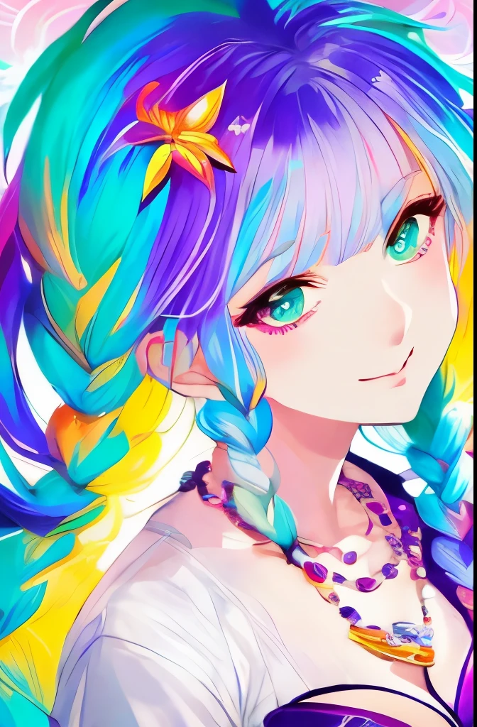 Close-up of a woman with colorful hair and necklace, anime girl with cosmic hair, Rossdraws' soft vitality, Gouvez style artwork, fantasy art style, colorful], vibrant fantasy style, Rossdraws cartoon full of vitality, cosmic and colorful, Guweiz, colorful digital fantasy art, stunning art style, beautiful anime style, white skin, subtle