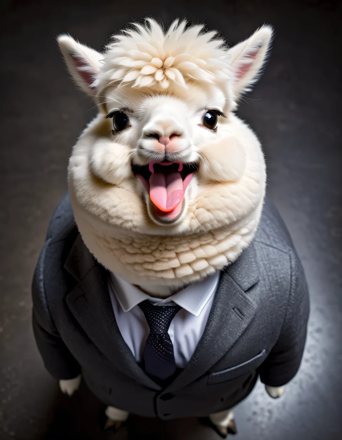 face close up photo of anthropomorphic fat cute white alpaca,(furry), dressed in a dark gray suit, (sticking out tongue:1.5),(happy smile:1.5),(Innocent), roomlighting, Cinematic, hdr, primitive, Intricate, High quality, smoothing tones, Intricate details, Low contrast,(viewed from above:2.0), (looking up viewer:2.0), simple background