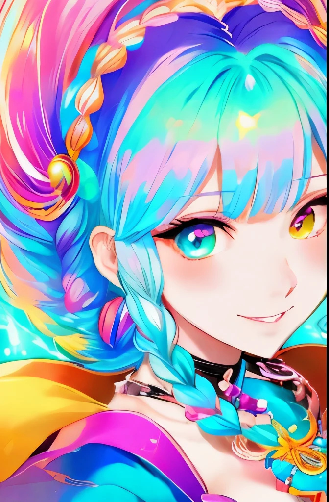 Close-up of a woman with colorful hair and necklace, anime girl with cosmic hair, Rossdraws' soft vitality, Gouvez style artwork, fantasy art style, colorful], vibrant fantasy style, Rossdraws cartoon full of vitality, cosmic and colorful, Guweiz, colorful digital fantasy art, stunning art style, beautiful anime style, white skin, subtle