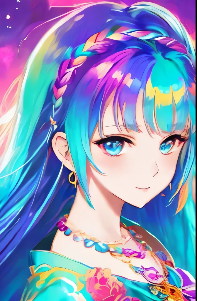 Close-up of a woman with colorful hair and necklace, anime girl with cosmic hair, Rossdraws' soft vitality, Gouvez style artwork, fantasy art style, colorful], vibrant fantasy style, Rossdraws cartoon full of vitality, cosmic and colorful, Guweiz, colorful digital fantasy art, stunning art style, beautiful anime style, white skin, subtle