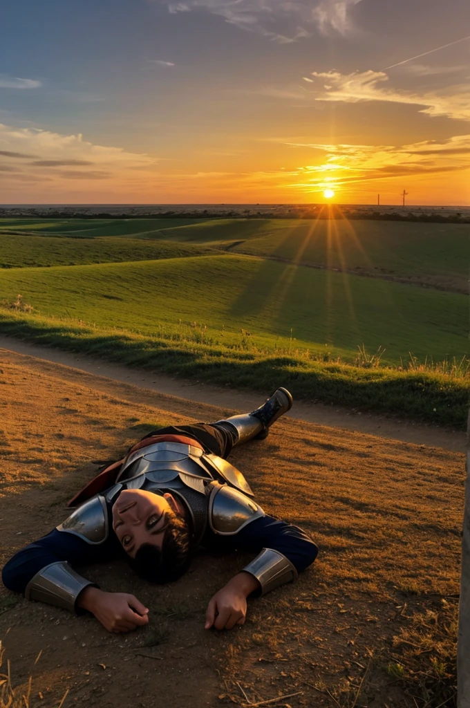 Knight lying on the ground with a beautiful sunset
