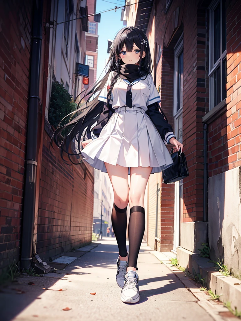 1girl,,legwear,,anklet,black hair,straight_hair,hime cut,long hair,sneakers,huge filesize,scarf,Uniforms,lace
