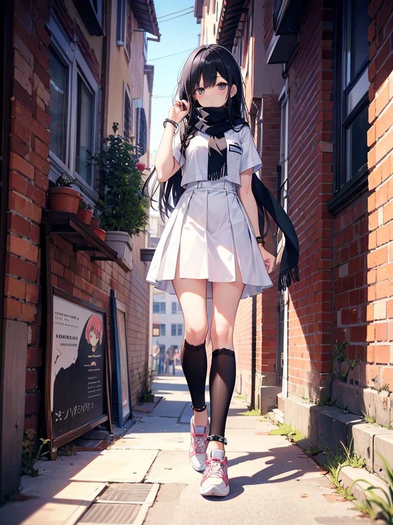 1girl,,legwear,,anklet,black hair,straight_hair,hime cut,long hair,sneakers,huge filesize,scarf,Uniforms,lace