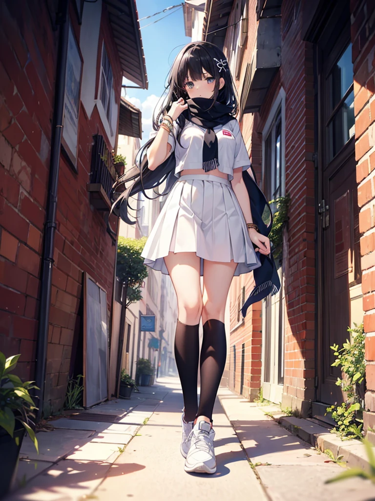 1girl,,legwear,,anklet,black hair,straight_hair,hime cut,long hair,sneakers,huge filesize,scarf，Uniforms，lace