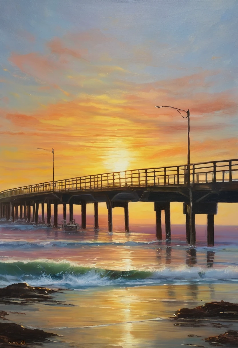 An oil painting,sunrise,Ocean,horizon,peaceful,bridge