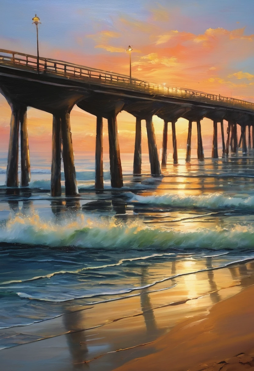 An oil painting,sunrise,Ocean,horizon,peaceful,bridge
