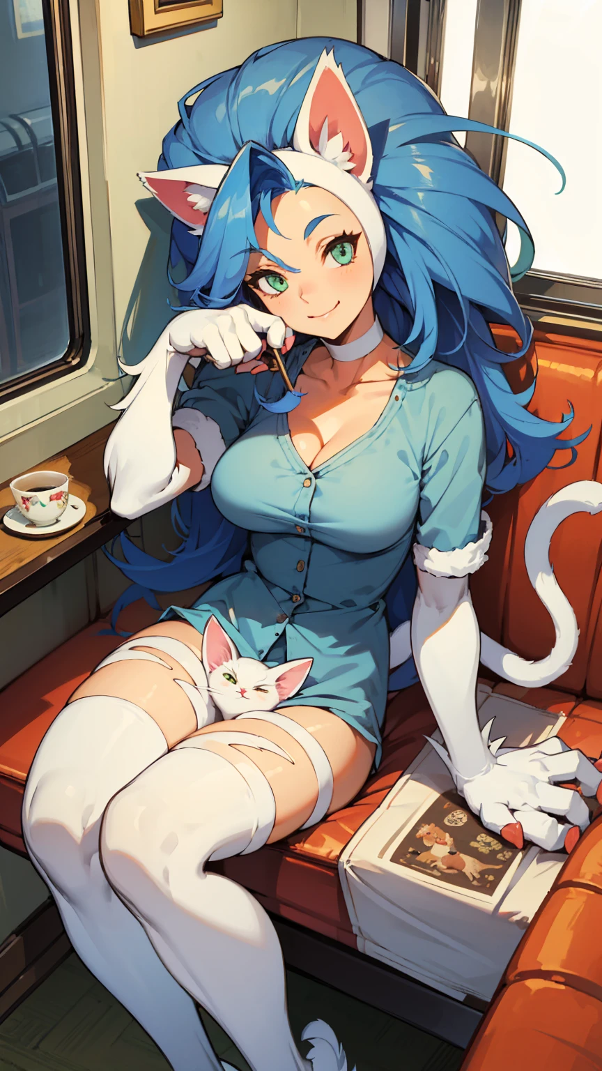 Felicia, blue hair, Green eyes, cat tail, happy, cute smile, hight details, busty, happy, (in a old train with cat theme) sitting in a table, drinking coffe.