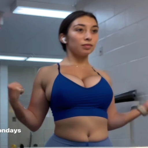 there is a woman in a blue top is standing in a bathroom, violet myers, showing off biceps, chun li at the gym, working out, centered shoulders up view, flexing, crop shirt and strong abs, fit girl, her face flushing and sweat, shoulders up, bursting with muscles, posing and flexing, muscles, shoulders can be seen, Big tits, huge tits, no clothes, sexy, cute, wide hips, thick thighs, pear-shaped body, minimal clothes, thick, bbw, chubby stomach, thick nipples, nipple piercings, large areola, hard nipples, piercing through shirt, nipples hard through shirt, busty, major cleavage, naked, ripping through top, spilling over sides, bra too tight, giant , dominatrix, dominatrix clothes, huge giant , upper body zoom, only wearing bikini, chubby stomach, massive tits and waist