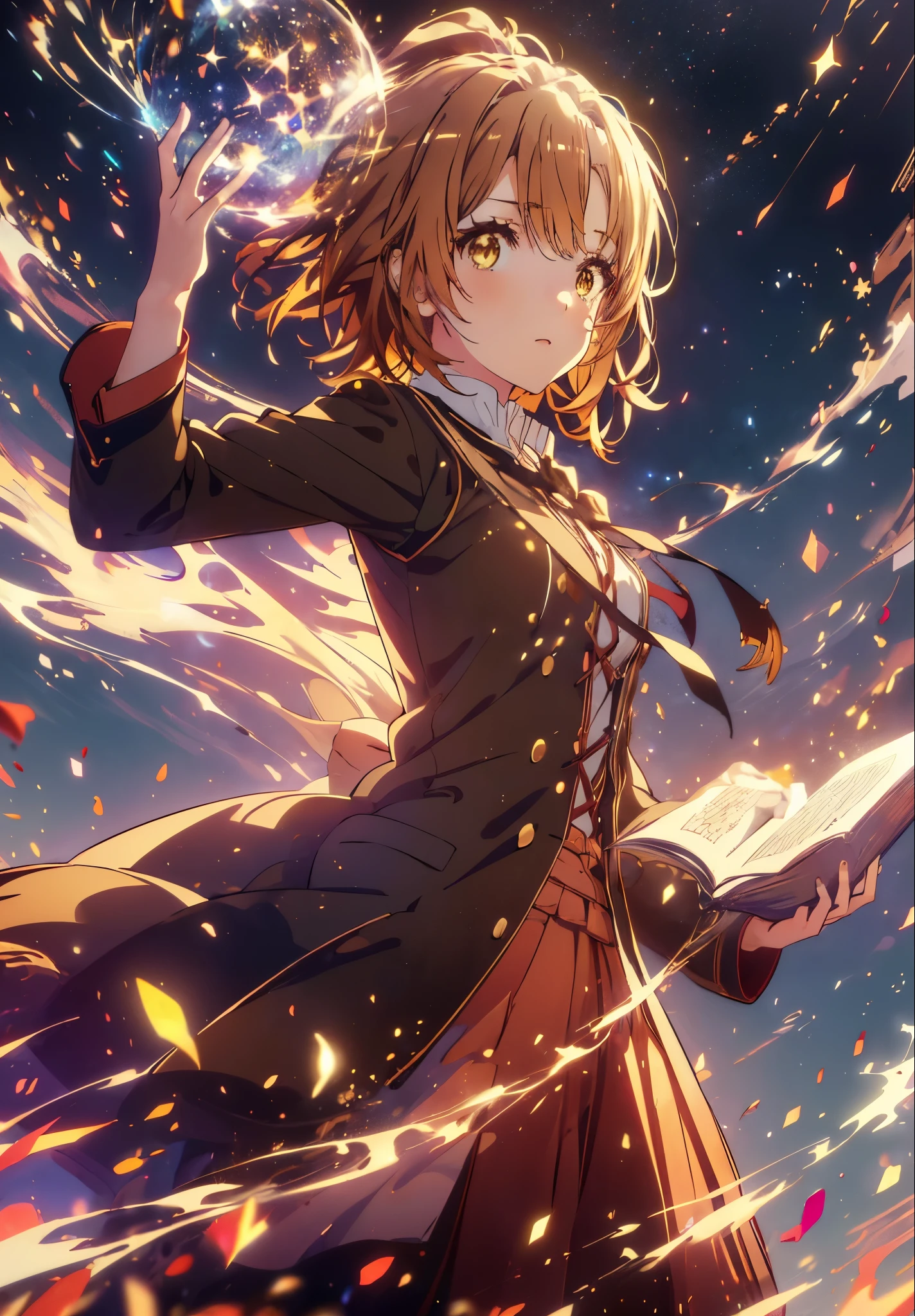 Irohaisshiki, isshiki iroha, Short Hair, Brown Hair, (Brown eyes:1.5), smile,((Night Sky)),((Big full moon)),((Sparkling and colorful stars)),Fluffy hair,((Idol style costume with soft volume)),Long skirt,Holding a magic book in his right hand,Uses magic with left hand,((witch)),Rubik's Square,
break outdoors, forest,forest
break looking at viewer,Upper Body,
break (masterpiece:1.2), Highest quality, High resolution, unity 8k wallpaper, (shape:0.8), (Narrow and beautiful eyes:1.6), Highly detailed face, Perfect lighting, Highly detailed CG, (Perfect hands, Perfect Anatomy),
