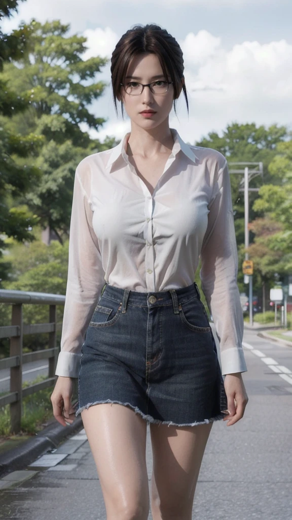 beautiful lawyer (best quality,masterpiece:1.2), perfect figure, with glasses, ultra clear, ultra detailed, depth of field, brown hair, charismatic, 36 years old,jeans
