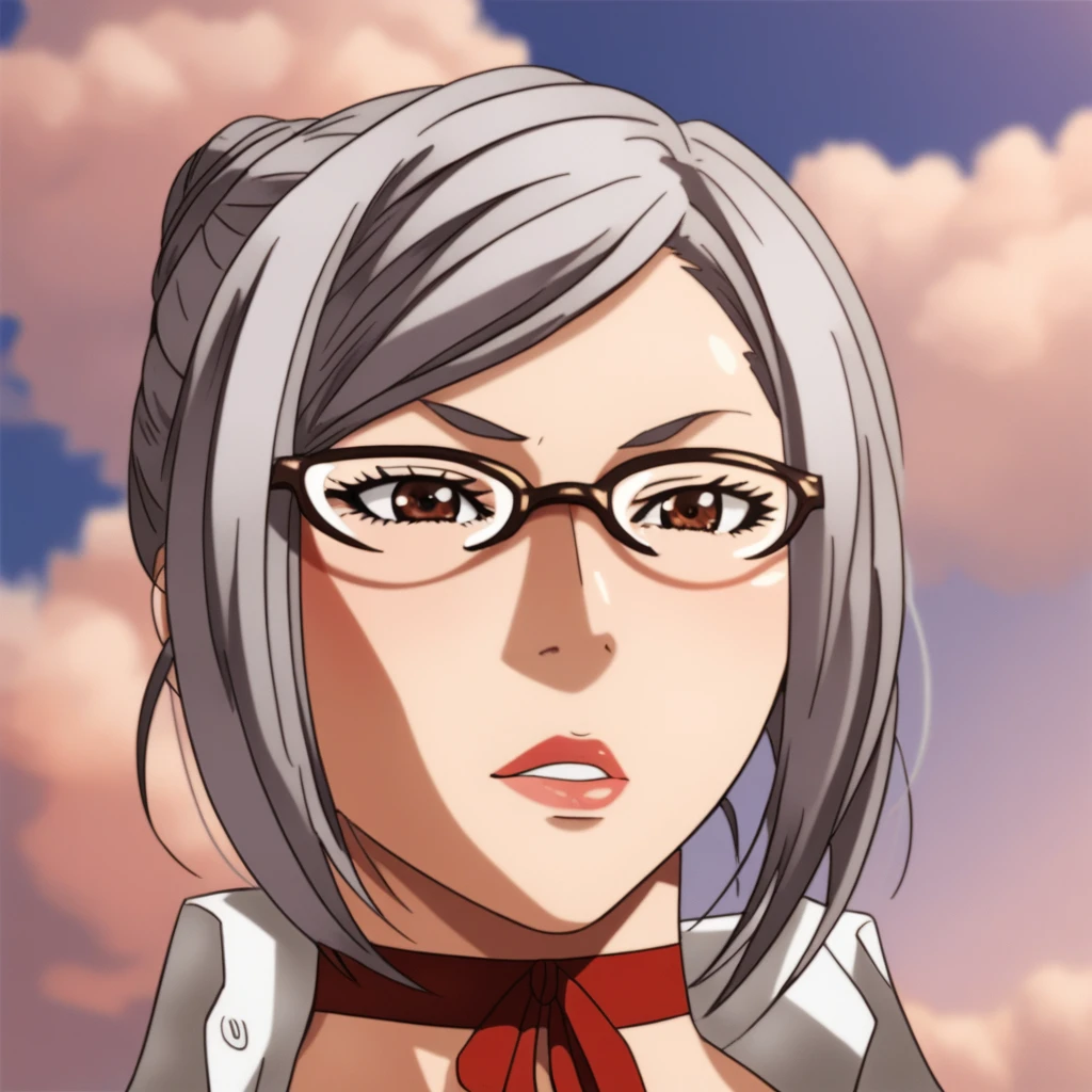 (nsfw:1.4,Cowboy Shot:1.4),score_9_superior, score_8_superior, score_7_superior, Meiko Shiraki,  alone, Glasses, null, cloud, Day, Grey Hair, short hair, choker, Brown eyes, lips, Parody, parted lips, blue null, ribbon choker, 最high quality, high quality