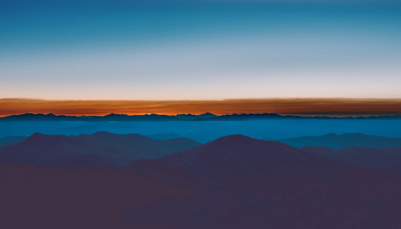 Sunset, Sun under the horizon, Sunset light stretching in a straight line along the edge of the sky and the landscape, Sky gradually darkening, Silhouette of mountains, Ethereal transition from day to night, Detail and Clarity, Sharp silhouettes of mountain ridges against the sunset sky, Dramatic contrast between the bright sunset and the darkening landscape, Peaceful and serene
