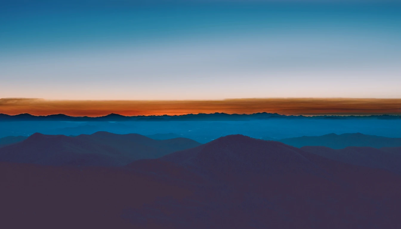 Sunset, Sun under the horizon, Sunset light stretching in a straight line along the edge of the sky and the landscape, Sky gradually darkening, Silhouette of mountains, Ethereal transition from day to night, Detail and Clarity, Sharp silhouettes of mountain ridges against the sunset sky, Dramatic contrast between the bright sunset and the darkening landscape, Peaceful and serene