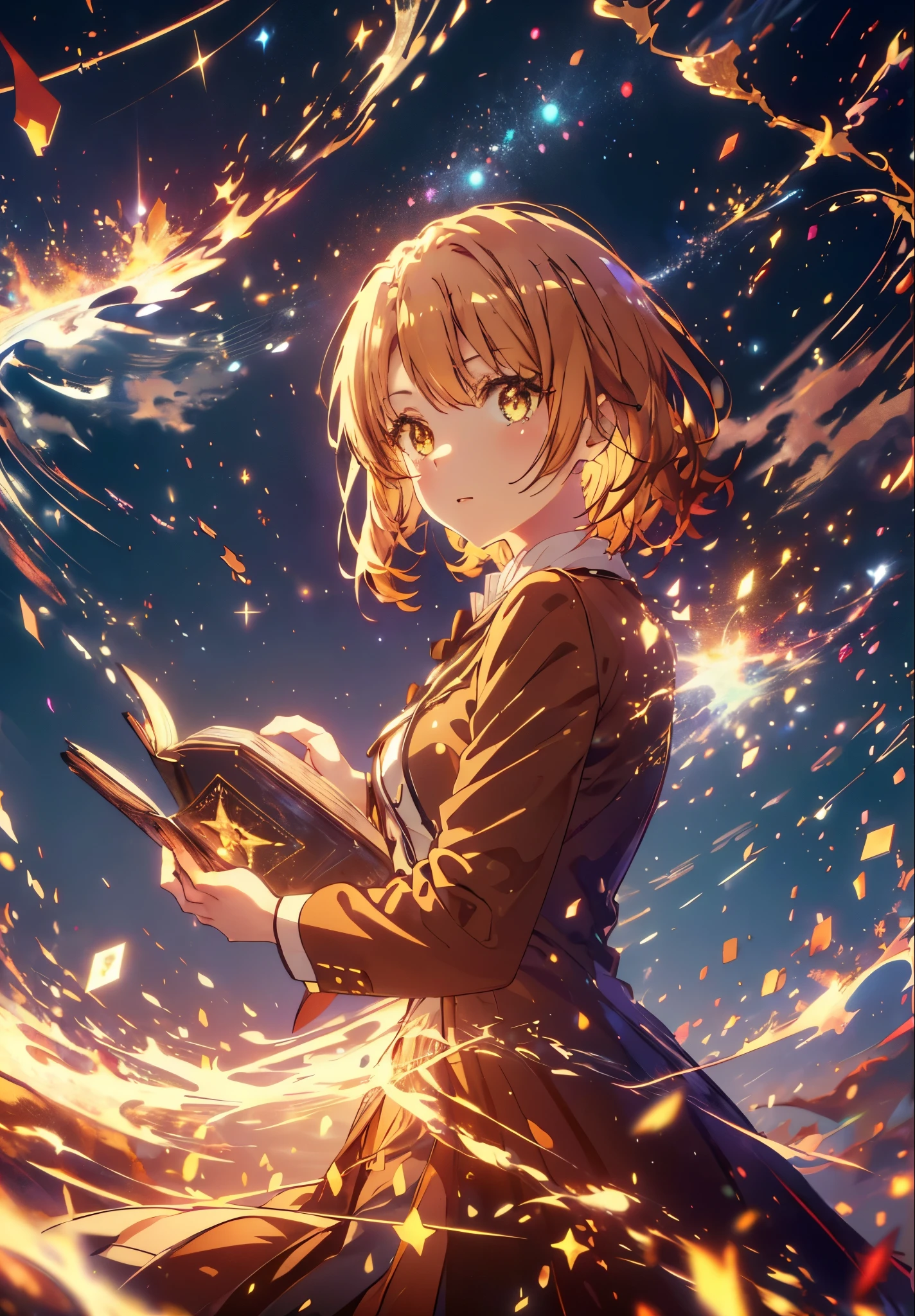 Irohaisshiki, isshiki iroha, Short Hair, Brown Hair, (Brown eyes:1.5), smile,((Night Sky)),((Big full moon)),((Sparkling and colorful stars)),Fluffy hair,((Idol style costume with soft volume)),Long skirt,Holding a magic book in his right hand,Uses magic with left hand,((witch)),Rubik&#39;s Square,
break outdoors, forest,forest
break looking at viewer,Upper Body,
break (masterpiece:1.2), Highest quality, High resolution, unity 8k wallpaper, (shape:0.8), (Narrow and beautiful eyes:1.6), Highly detailed face, Perfect lighting, Highly detailed CG, (Perfect hands, Perfect Anatomy),
