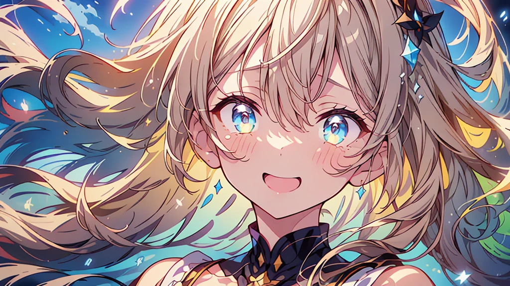 1girl,(((Highest quality、Masterpiece、Official Art、The best dynamic composition、HD、Super detailed)))、Gray and blue gradation hair、overhead shot, upper body, snow mountain, concept art, shedding tears、Jumping, looking up at the sky and smiling with the biggest smile on his face、A hopeful look、Your eyes are sparkling、