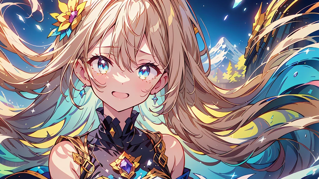 1girl,(((Highest quality、Masterpiece、Official Art、The best dynamic composition、HD、Super detailed)))、Gray and blue gradation hair、overhead shot, upper body, snow mountain, concept art, shedding tears、Jumping, looking up at the sky and smiling with the biggest smile on his face、A hopeful look、Your eyes are sparkling、