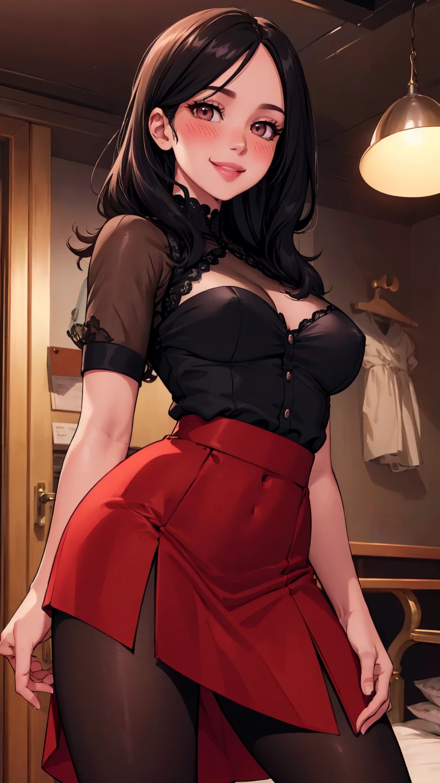 ((masutepiece, Best Quality, hight resolution, nffsw, Perfect Pixel, 4K, nffsw, nffsw))), 1girl in, Single, Solo, Beautie、full body seen、 ((Medium length wavy hair, Bangs, Brown hair)), ((Brown-eyed, Beautiful eyelashes, Realistic eyes)), ((Detailed face, Blushing:1.2)), ((Smooth texture:0.75, Realistic texture:0.65, Photorealistic:1.1, Anime CG style)), medium breasts, Dynamic Angle, Perfect body, (Santa Claus Costume、Red knitted hat、Red off-the-shoulder sweater、Long flared skirt、no-bra)), Hotel bedroom、With a shy panic smile。、Open your mouth and make a surprised face、 turned around、bending forward、(The wind flipped my skirt and exposed my butt...................................................、stick out your butt、Touching the buttocks with both hands、Pink lace panties)、