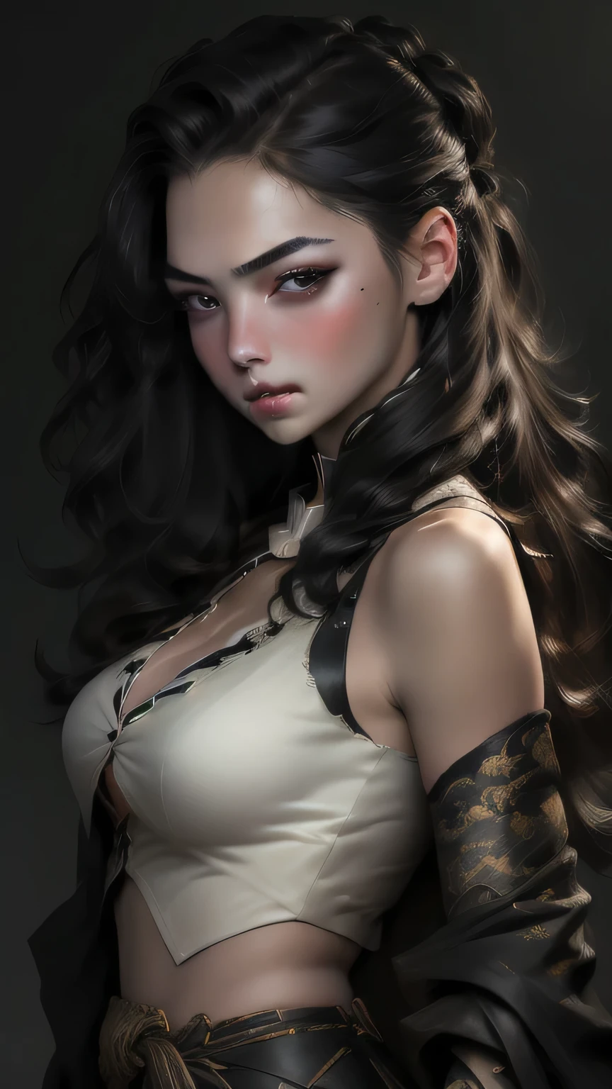 8K, whole body, focal distance: 1.2, Medium Chest, Beautiful and elaborate face, Narrow waist, Shy lips, girl, 大きなblack eye, 最high quality, Very detailed, Long Hair, No buttons, Hanfu, Clothing covers the entire body, No meat, Cleavage, (Huge breasts), (RAW Photos: 1.3), Dramatic lighting, Soft portrait photography, Hyperrealism art style, Perfect female body, black eye、(Upper body portrait), masterpiece, 最high quality, high quality, High resolution、