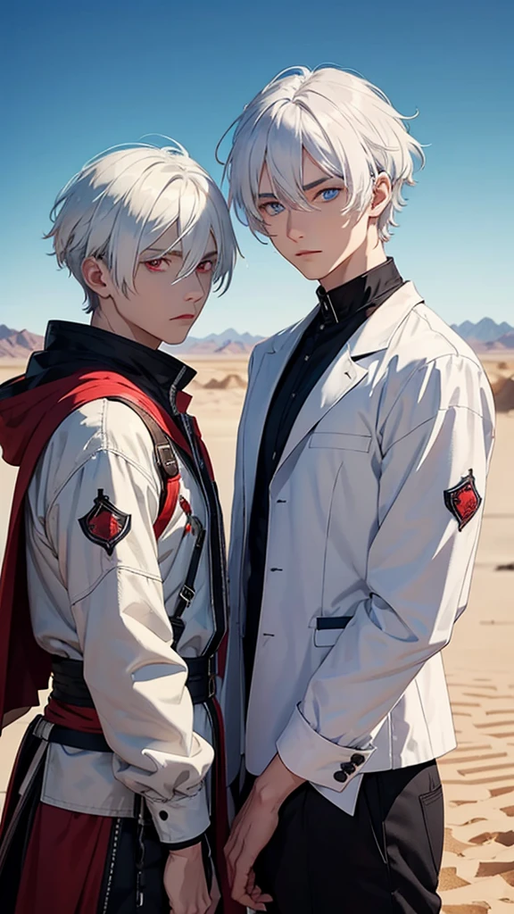 two mens;
friends;
Males;
One has red eyes the other blue eyes;
They both have white hair;

desert background;