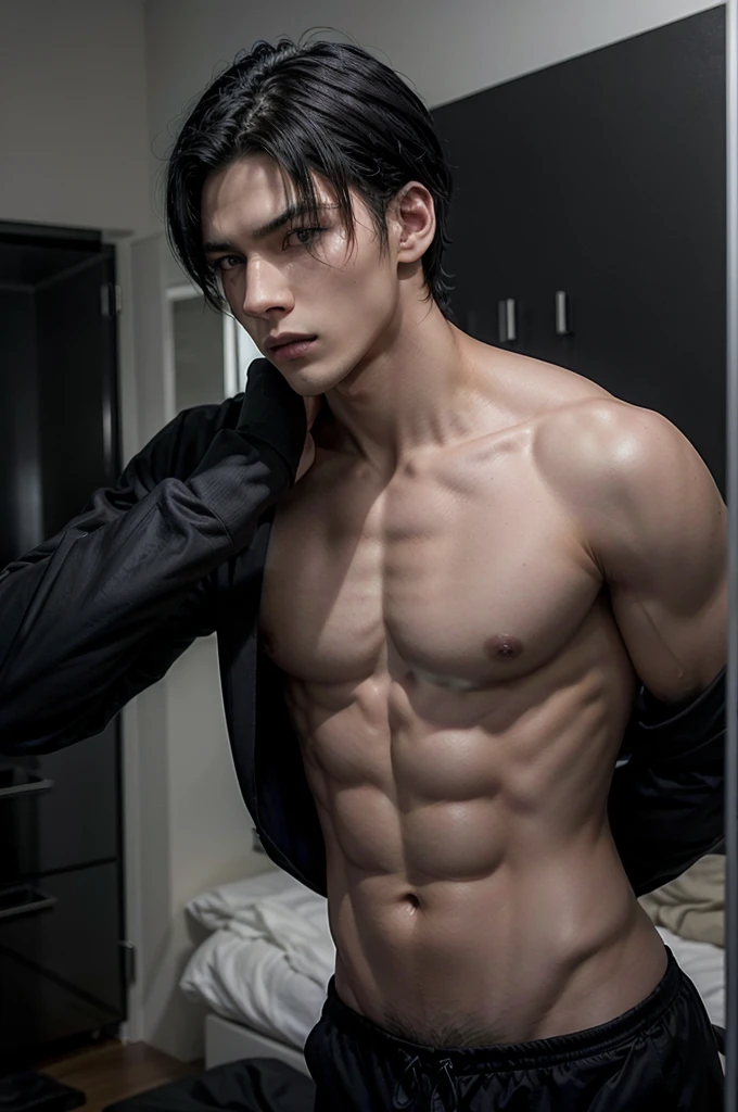 Man in black elegant pajamas, shirtless tall and fit, with short black hair, while sexy modeling, in different places, in different positions.