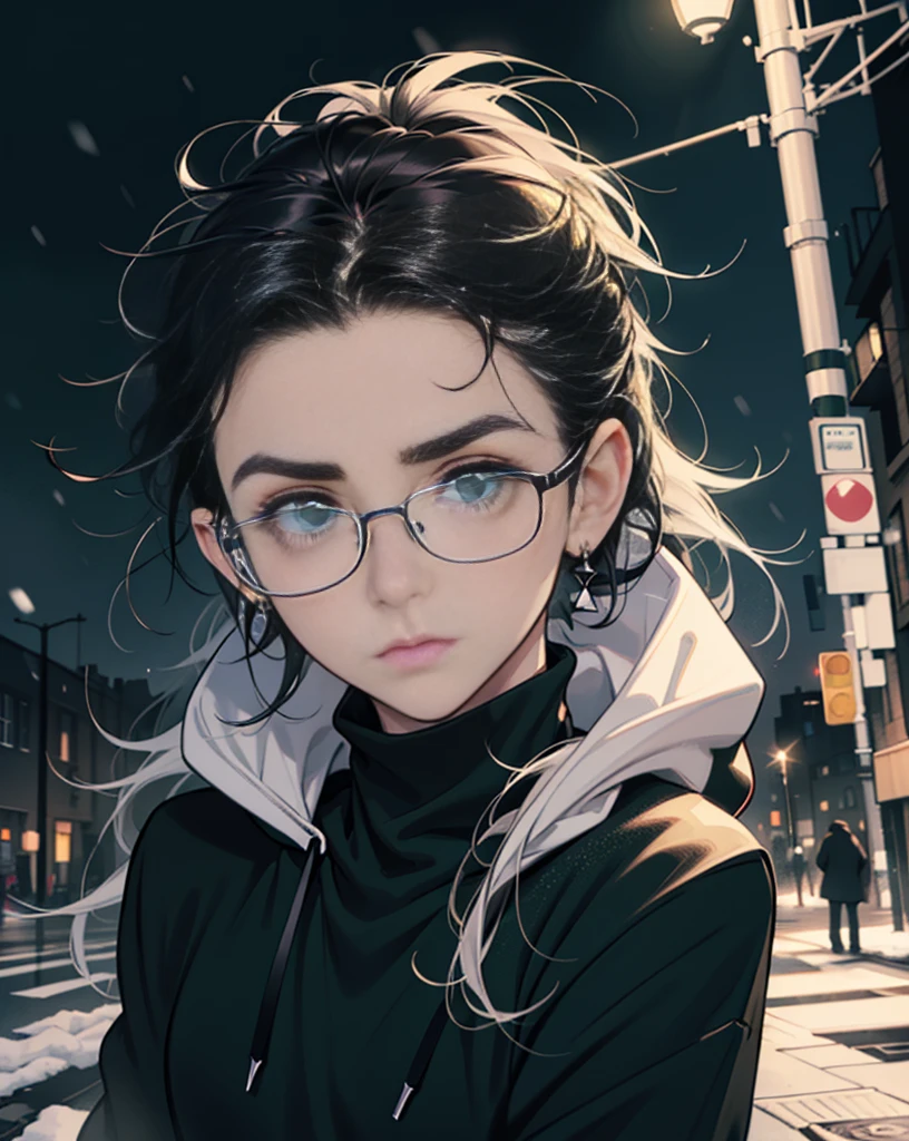 Best quality, volumetric lighting, cinematic lighting, masterpiece, ultra high res, 4k, (soft round detailed face), (sad expression), (detailed green eyes), bags under eyes, thick eyebrows, depressed, melancholy, (wearing rounded glasses), (very pale light skin), detailed black hair, ((long messy greasy hair)), (plain black hoodie), black stud earrings, black nail varnish, unwashed, unkempt, disheveled, sodium streetlamps, midnight, dark clouds, London, snow