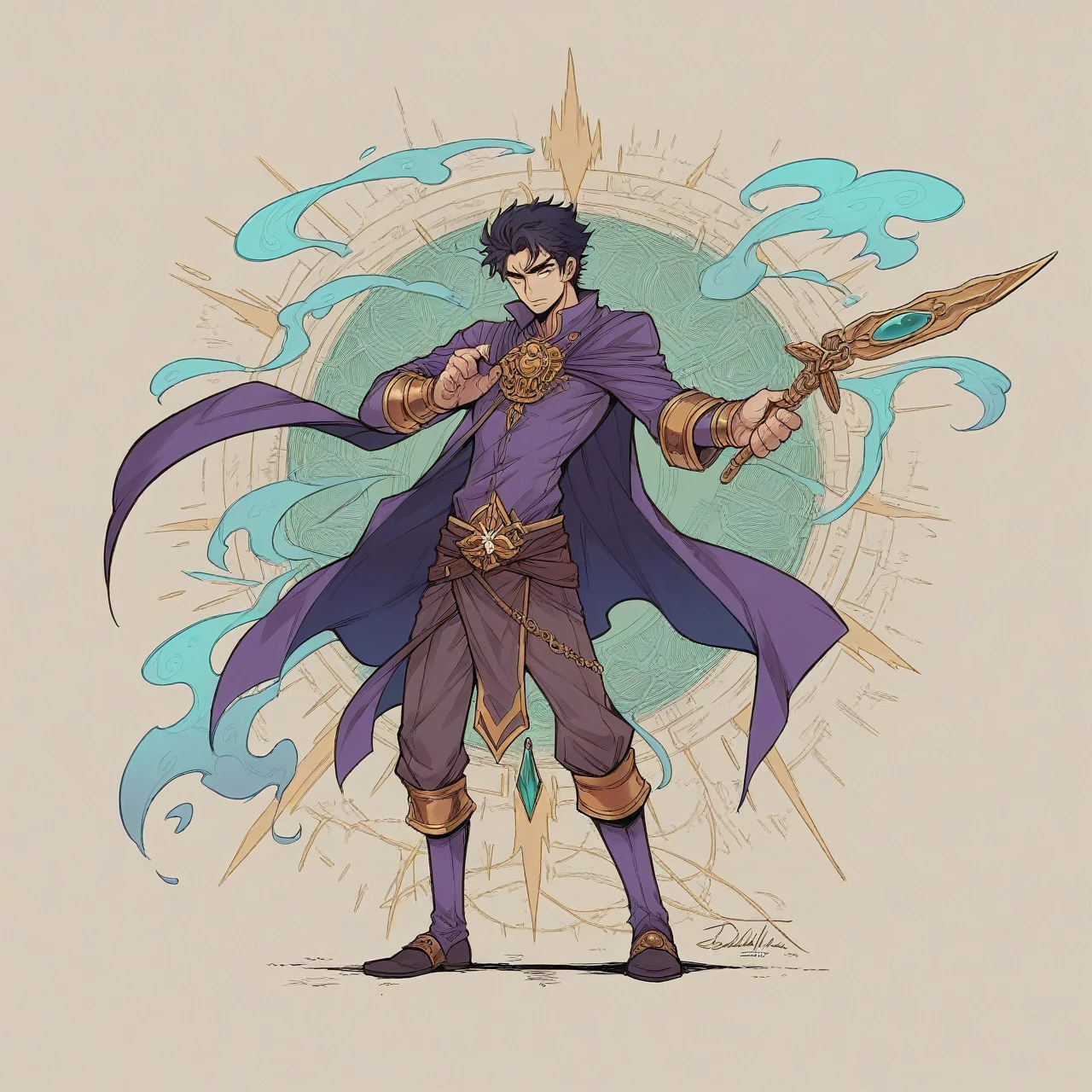 Create an epic fantasy book cover. The central character, Sannrin, is a young man who appears to be 17 years old. He is the protagonist and should be depicted with a powerful and mysterious aura. Sannrin has dark hair and piercing eyes, embodying the essence of his lineage as the son of the goddess of Darkness. His attire is dark and regal, adorned with intricate patterns that hint at his divine heritage.Sannrin is wielding dark magic that manifests as swirling tendrils of deep purple energy around him, emphasizing his command over the shadows. The background should reflect a cosmic setting, with elements of both darkness and light, symbolizing the eternal struggle and balance between these forces. The sky can be filled with stars and nebulae, with a subtle glow illuminating Sannrin's figure, highlighting his importance and power.The color palette should primarily feature dark purples, blacks, and hints of gold to create a dramatic and captivating atmosphere. Include elements such as ancient ruins or mystical symbols in the background to enhance the sense of an epic and otherworldly journey.
