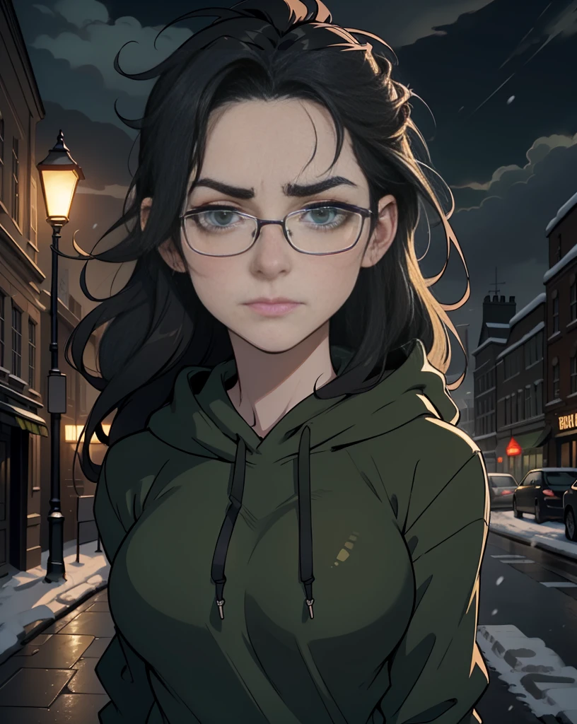Best quality, volumetric lighting, cinematic lighting, masterpiece, ultra high res, 4k, (soft round detailed face), (sad expression), (detailed green eyes), bags under eyes, thick eyebrows, depressed, melancholy, (wearing rounded glasses), (very pale light skin), detailed black hair, ((long messy greasy hair)), (plain black hoodie), black stud earrings, black nail varnish, unwashed, unkempt, disheveled, sodium streetlamps, midnight, dark clouds, London, snow
