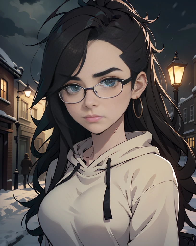 Best quality, volumetric lighting, cinematic lighting, masterpiece, ultra high res, 4k, (soft round detailed face), (sad expression), (detailed green eyes), bags under eyes, thick eyebrows, depressed, melancholy, (wearing rounded glasses), (very pale light skin), detailed black hair, ((long messy greasy hair)), (plain black hoodie), black stud earrings, black nail varnish, unwashed, unkempt, disheveled, sodium streetlamps, midnight, dark clouds, London, snow