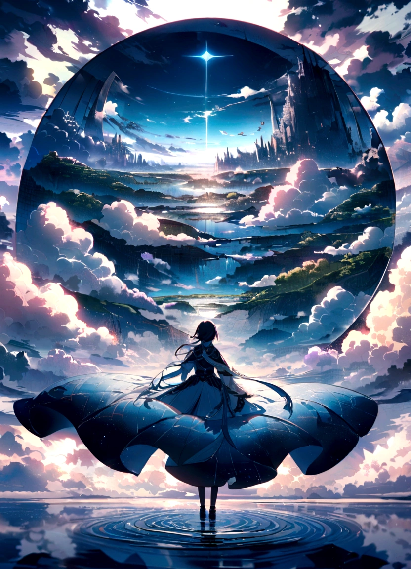 "surrounded by cloud,Beautiful and smooth graphics,Carefully depicted landscape,Light clouds float on the water,It's like a fairyland。Hazy light penetrates the clouds,Reflect stunning light and shadow effects。There is a sea of clouds in the picture,A maiden flying into the clouds,The looming view is mesmerizing。"