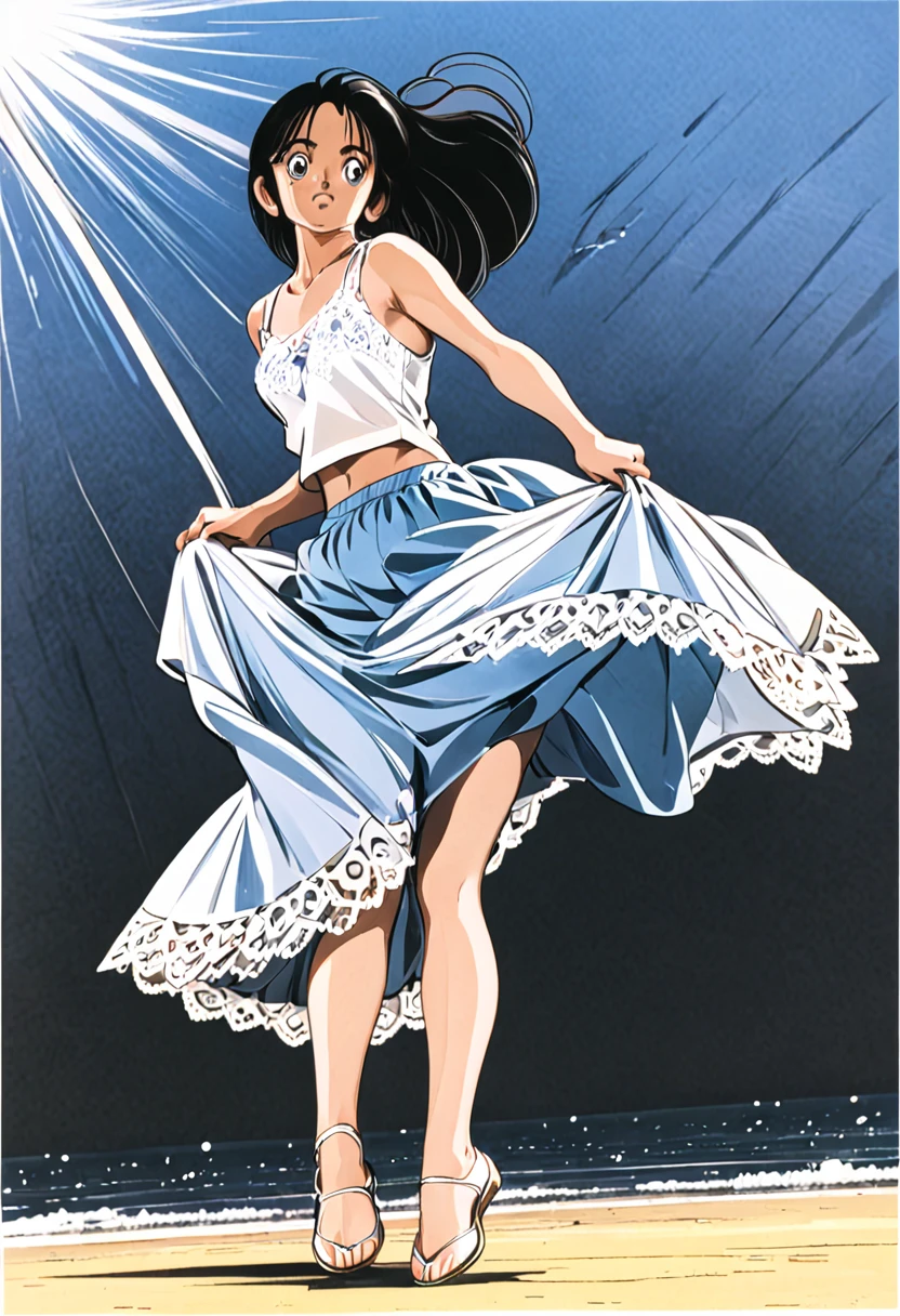 音無響子
Low - Angle、
Low - Angle、Long skirt、Hold down your skirt that is being blown up by the strong wind、Anime white panties in a strong wind、Crotch is visible
ローレグのパンツ、Color: White、
Crotch is visible、
、Lined、White lace lining、
