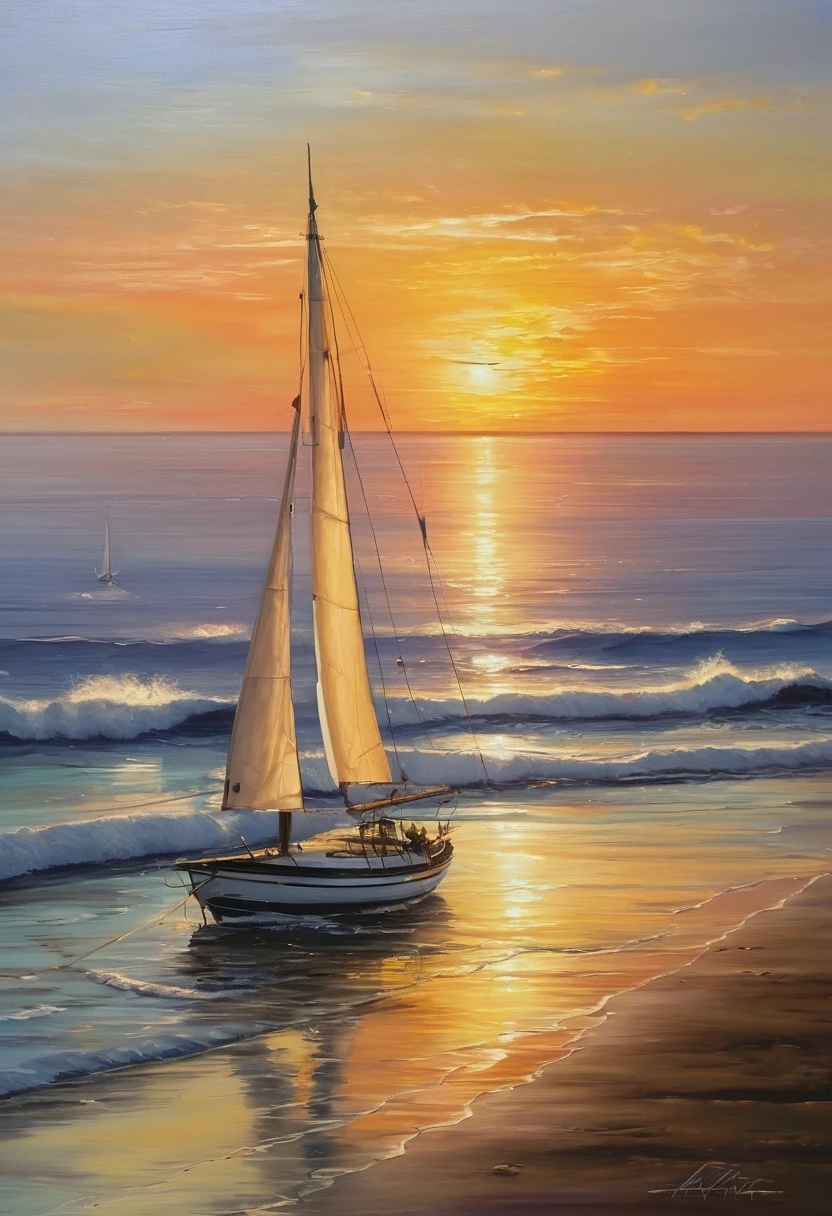 An oil painting,sunrise,Ocean,horizon,peaceful,sailboat