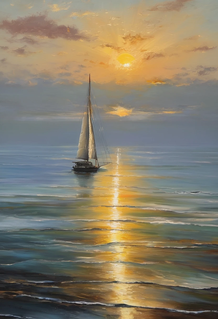 An oil painting，sunrise，Ocean，horizon，peaceful，sailboat