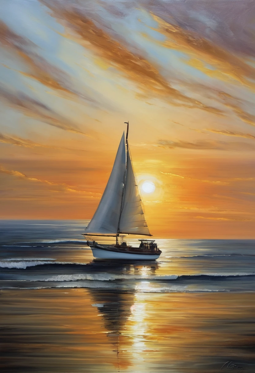 An oil painting,sunrise,Ocean,horizon,peaceful,sailboat