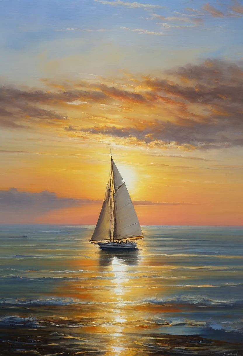 An oil painting,sunrise,Ocean,horizon,peaceful,sailboat