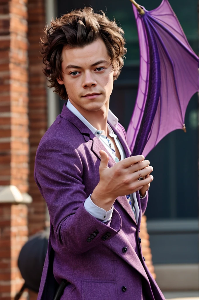 Harry styles with a purple dragon tail and reddish freckles