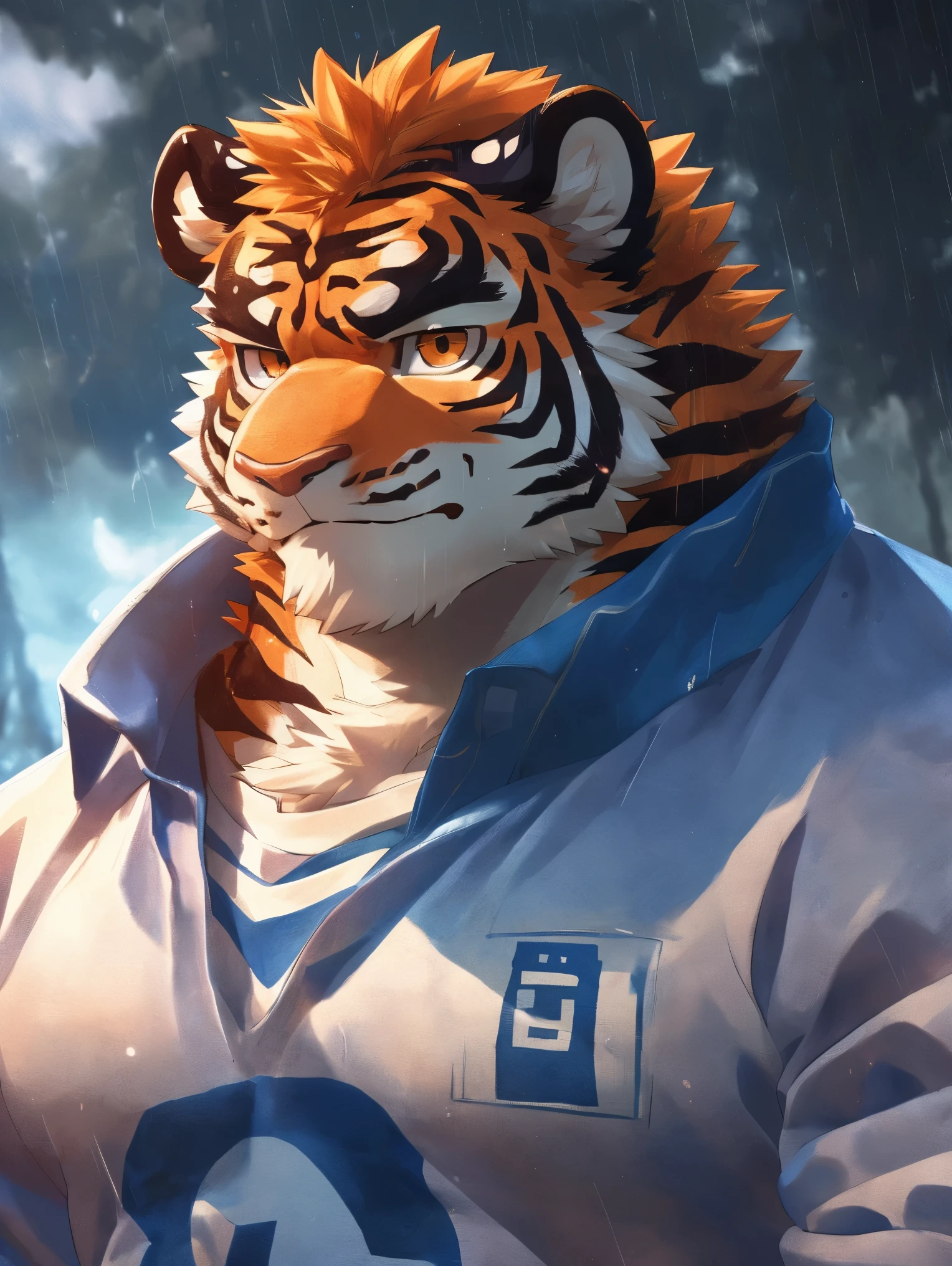 human nature, Wildlife, male,18 years old， solitary, ((Round Face, The face is plump,Orange eyes,Thick orange hair，With scars)), ((Endomorph, Handsome，Hot Blood)), (Sportswear，Light blue and white coat，Wear a sports cap), ((domestic tiger, tiger，) Fluffy fur, Fluffy), Bokeh, (high quality, high resolution, masterpiece), (Dynamic Lighting, Vibrant colors，Natural fill light), (Revitalize，harm，Disdain，aggressive), Full body picture (close up), cartoon, author：Takemoto Arashi, From zixiong, By Chunni, author：Empty Ghost，（background：Raining dead city）